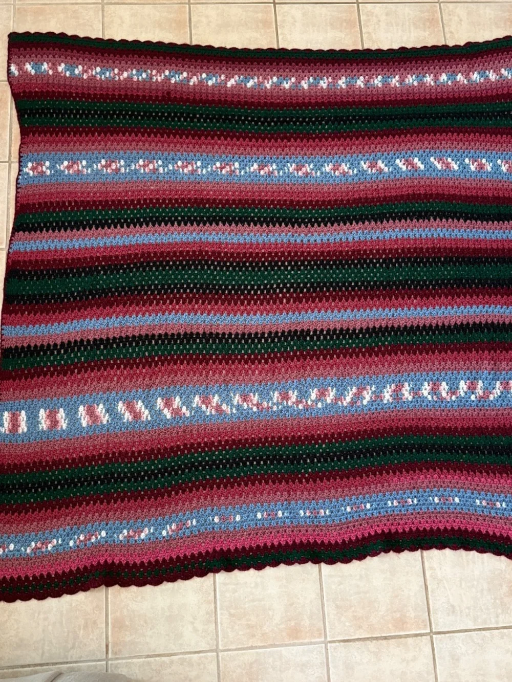 Handmade Crochet Afghan Throw Striped Blanket Grandmacore Red Mauve Green Black